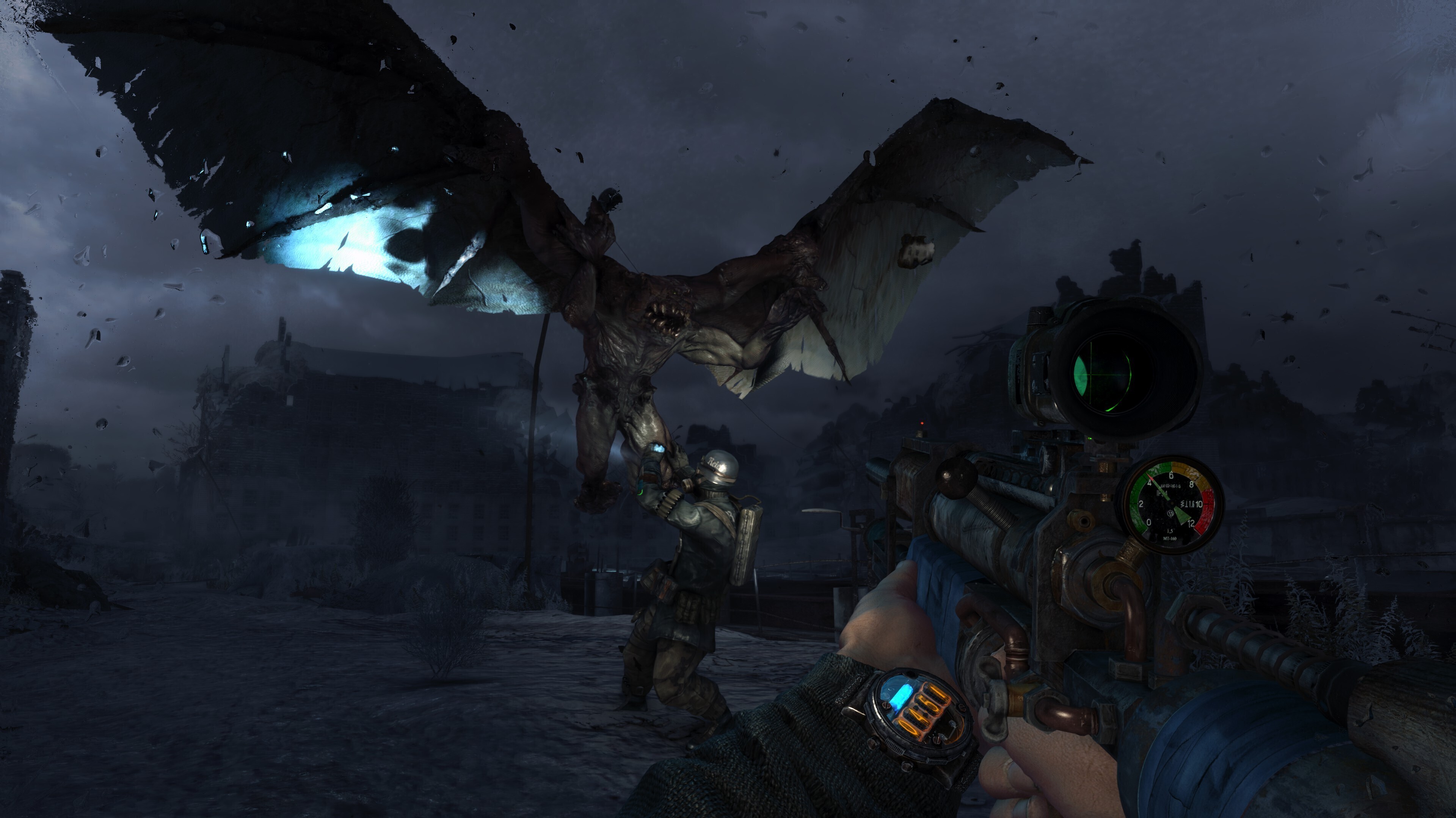 A winged mutant attacks a ranger in a Metro 2033 Redux gameplay screenshot