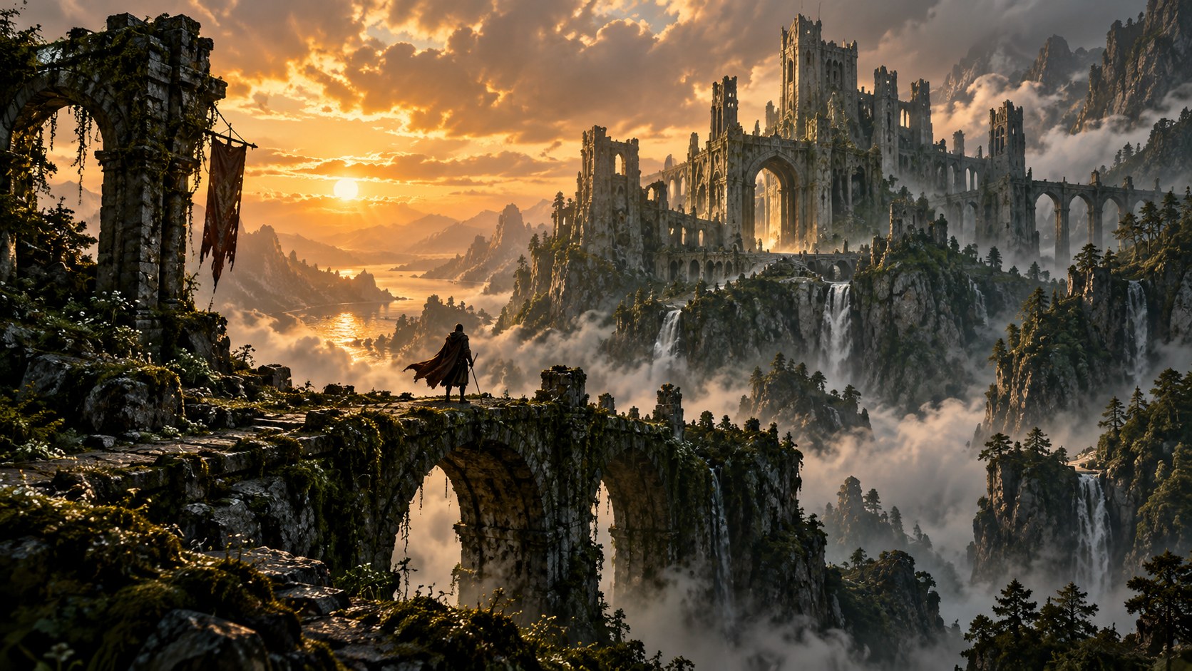 An adventurer approaching a mountain citadel