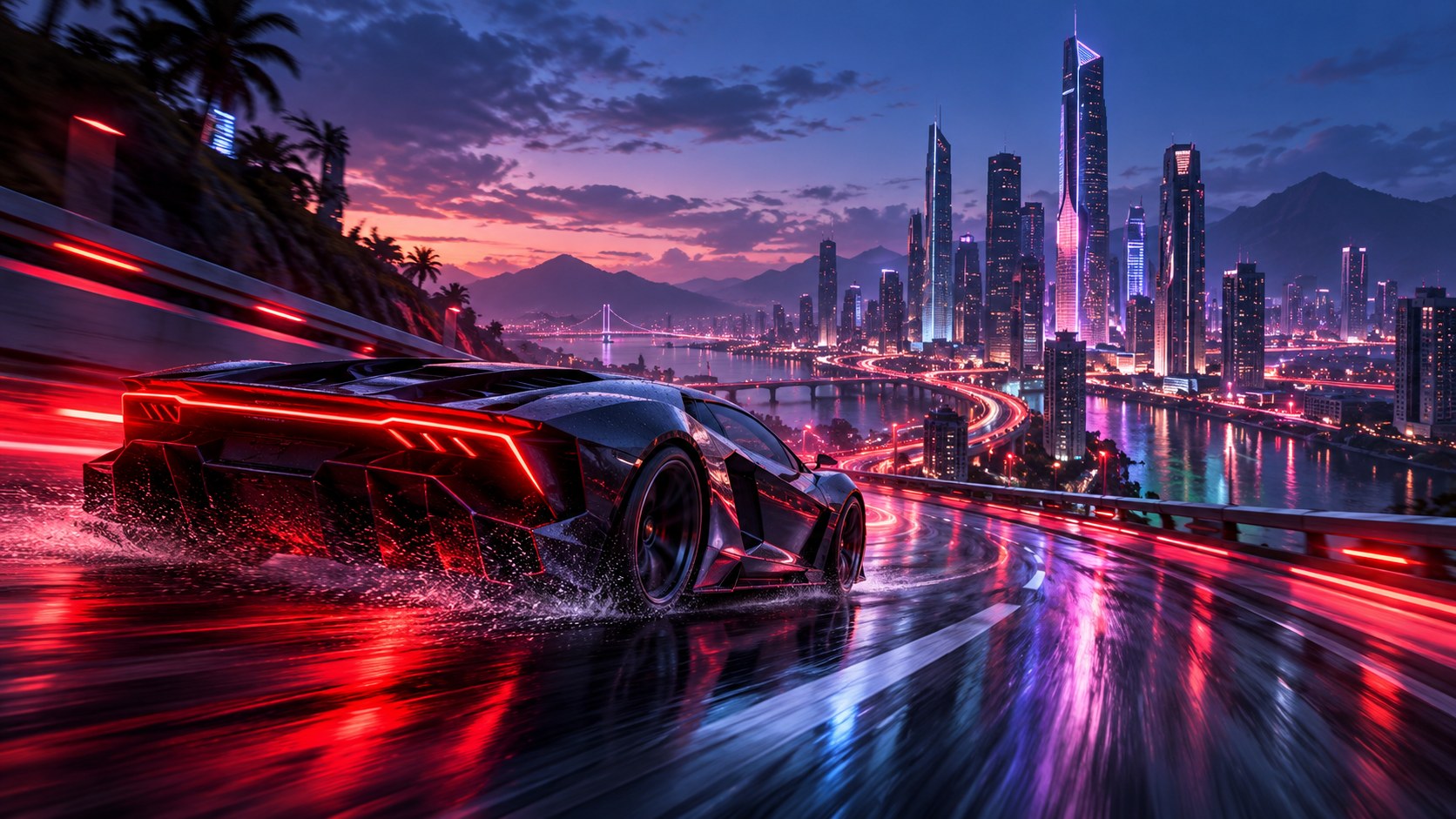 An original futuristic racing scene in a neon-lit city